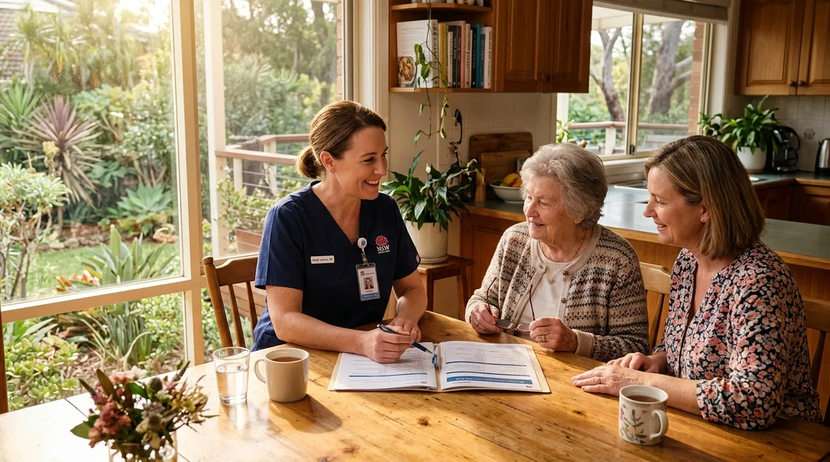 Australian healthcare professional and nurse conducting an in-home ACAT aged care assessment