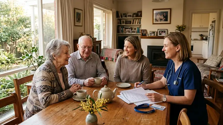 Australian ACAT clinical assessor conducting an in-home assessment interview with an older Australian and family