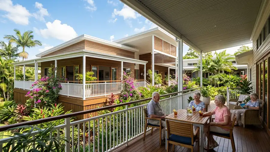 Modern aged care community in Brisbane, Queensland with shaded verandas and tropical gardens