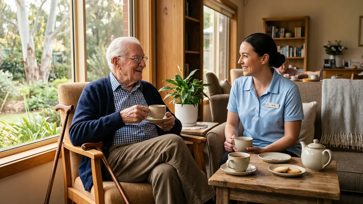 Australian pensioner in comfortable aged care lounge chatting warmly with carer