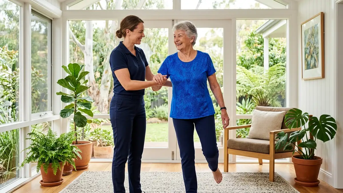 Active Australian senior woman doing physical therapy mobility exercises at home